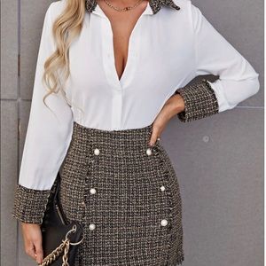 Plaid Print Button Front Blouse with Skirt
 Button Design Baio Ecru